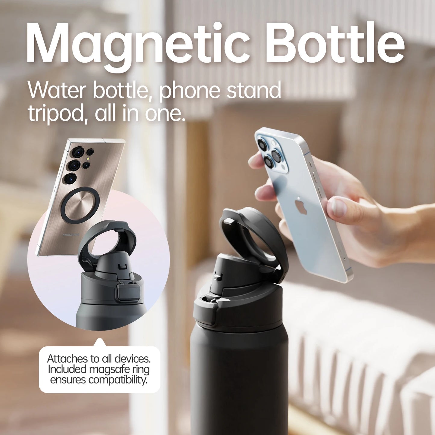 Water Bottle with Magnetic Phone Holder Bouncing cover Insulation Cup